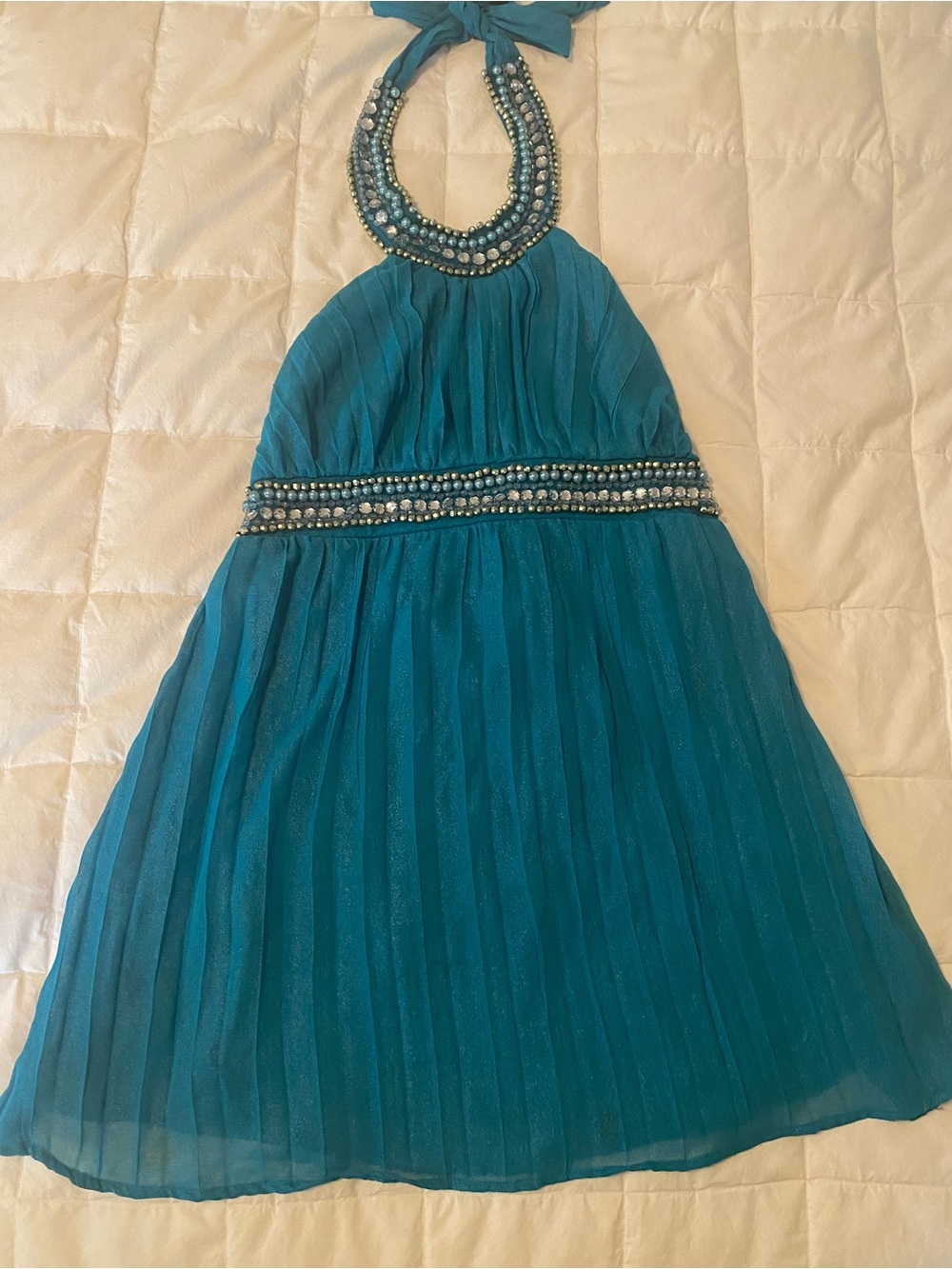 Teal Turquoise Halter Top/Dress with Beaded Neck and Waist, stretchy size L